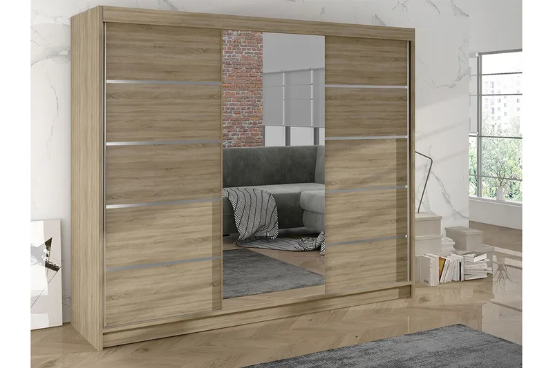 Cyria Garderob med rymlig Förvaring och Skjutdörrar med Spegel 200x215 cm - Beige - Products - Förvaring - Garderober & garderobssystem