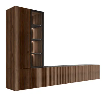 Klinkerville möbelset ribbad TV bänk vitrinskåp med LED belysning vägghängd - golvstående 260 cm - Valnöt brun - Products - Förvaring - Förvaringsmöbler - Möbelset för vardagsrum