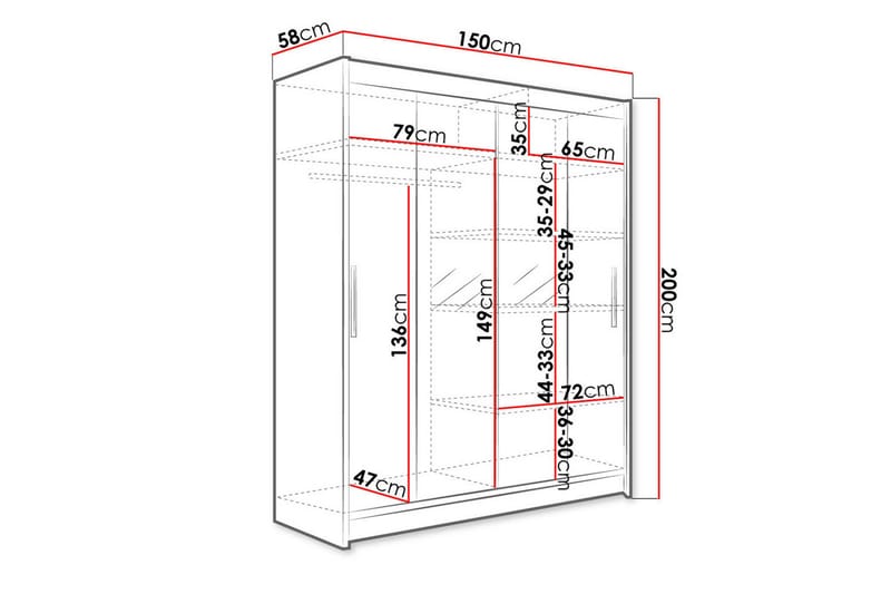 Leila Garderob 150 cm Skjutdörrar Smal Spegel - Ljus Ek - Products - Förvaring - Garderober & garderobssystem