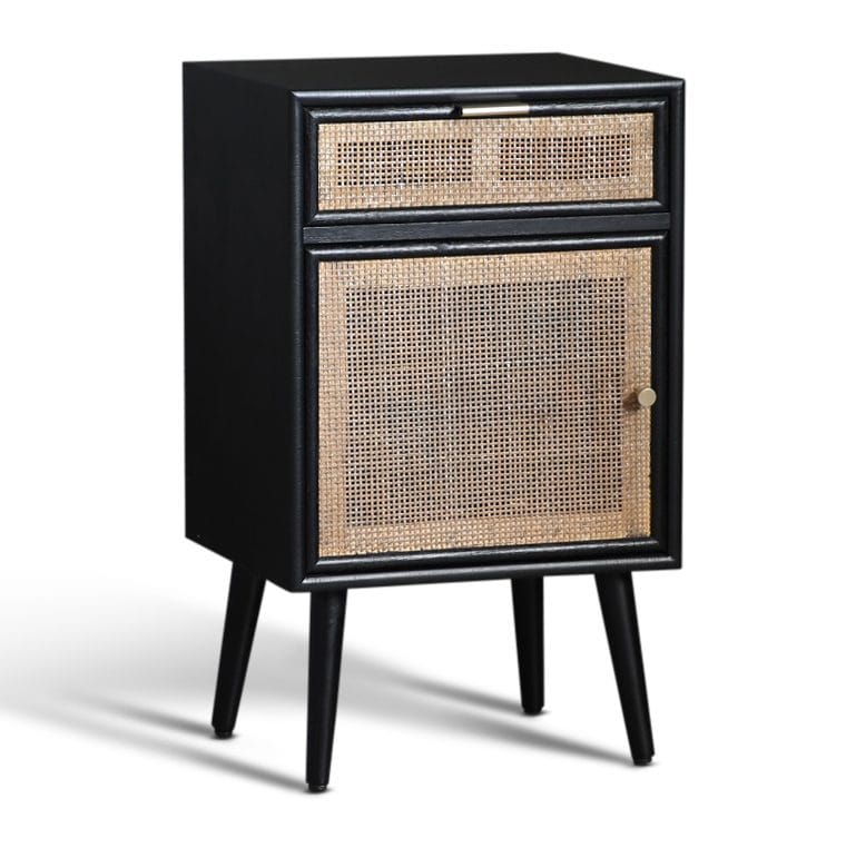 Stockholm svart sängbord med rotting, Svart/rotting