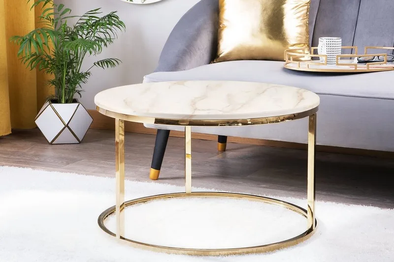 Coralla Soffbord 70 cm Runt Marmormönster, Vit/Guld