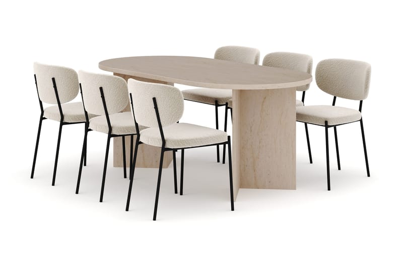 Dano Matbord 180 cm  med 6 Gemmiano Matstolar, Travertin / Vit Bouclé