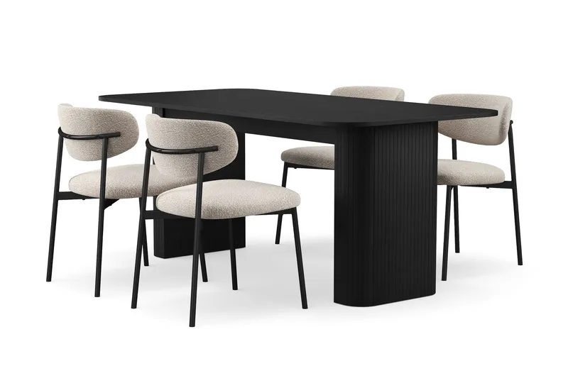 Kopparbo Matbord 180-240 cm Förlängningsbart med 4 Lucy Matstolar, Svart / Greige Bouclé / Metallben Svart