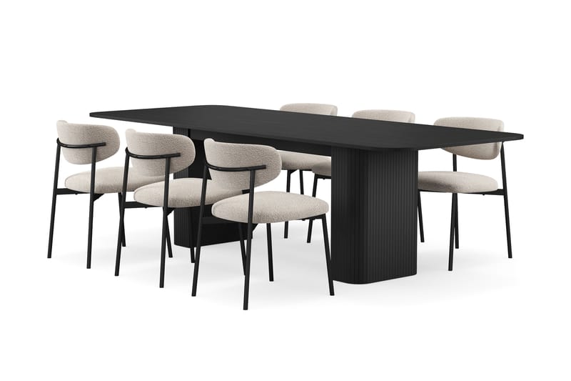 Kopparbo Matbord 180-240 cm Förlängningsbart med 6 Lucy Matstolar - Svart / Greige Bouclé / Metallben Svart - Products - Möbler - Bord & matgrupp - Matgrupp