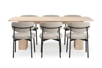 Kopparbo Matbord 200-260 cm Förlängningsbart med illäggsskiv med 6 Lucy Matstolar - Vit / Greige Bouclé / Metallben Svart - Products - Möbler - Bord & matgrupp - Matgrupp