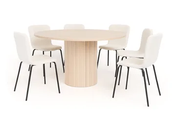 Kopparbo Runt Matbord 150 cm med 4 Katy Matstolar - Vit / Vit Bouclé / Metallben Svart - Products - Möbler - Bord & matgrupp - Matgrupp