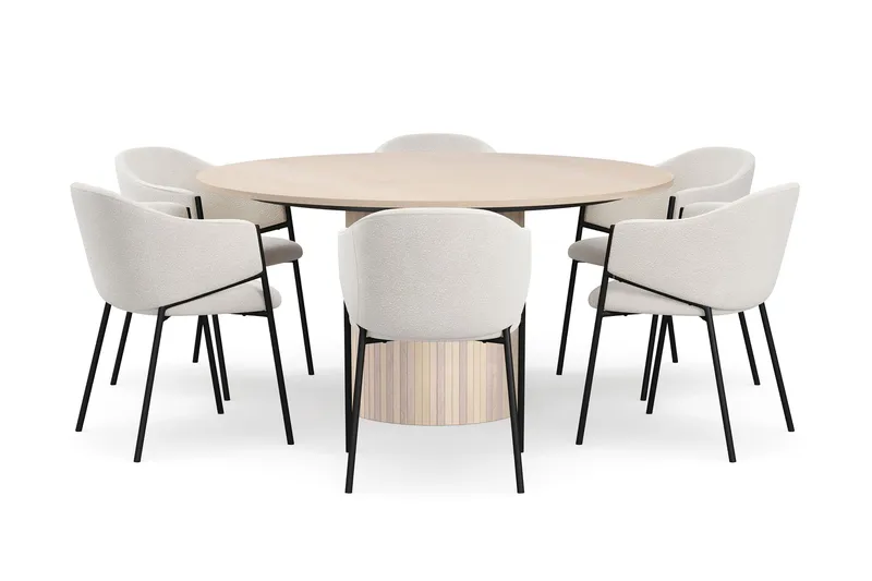 Kopparbo Runt Matbord 150 cm med 6 Filip Matstolar - Vit / Vit Bouclé - Products - Möbler - Bord & matgrupp - Matgrupp