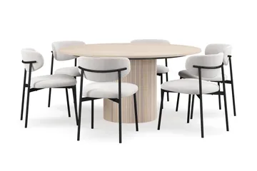 Kopparbo Runt Matbord 150 cm med 6 Lucy Matstolar - Vit / Vit Bouclé / Metallben Svart - Products - Möbler - Bord & matgrupp - Matgrupp