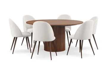 Kopparbo Runt Matbord 150 cm med 6 Nibe Plus Matstolar - Valnöt / Vit Bouclé / Metallben Valnöt - Products - Möbler - Bord & matgrupp - Matgrupp