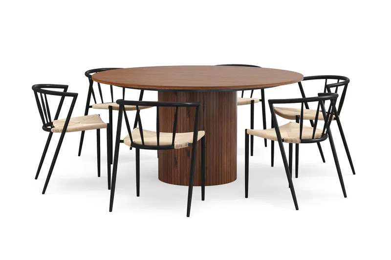 Kopparbo Runt Matbord 150 cm med 6 Winston Matstolar, Valnöt / Beige / Metallben Svart