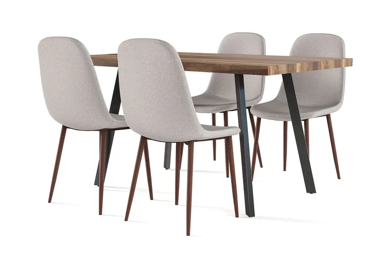 Marcelen Matbord Förlängningsbart med illäggsskiva +  4 st Nibe stol grå med valnöt ben, Brun/Grå