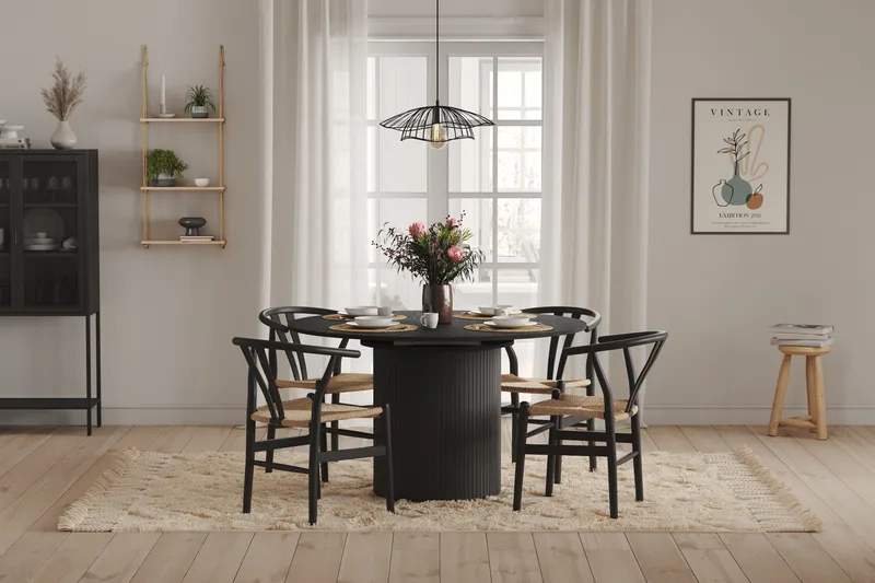 Kopparbo Runt Matbord 130 cm Förlängningsbar med illäggsskiva - Svart Trä / Ribbad - Products - Möbler - Bord & matgrupp - Matbord & köksbord