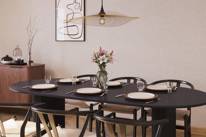 Noira Matgrupp 220 cm Massiv Ek med 6 Dastoori Matstol - 2220067-6,2206123-1 - Svart - Products - Möbler - Bord & matgrupp - Matgrupp