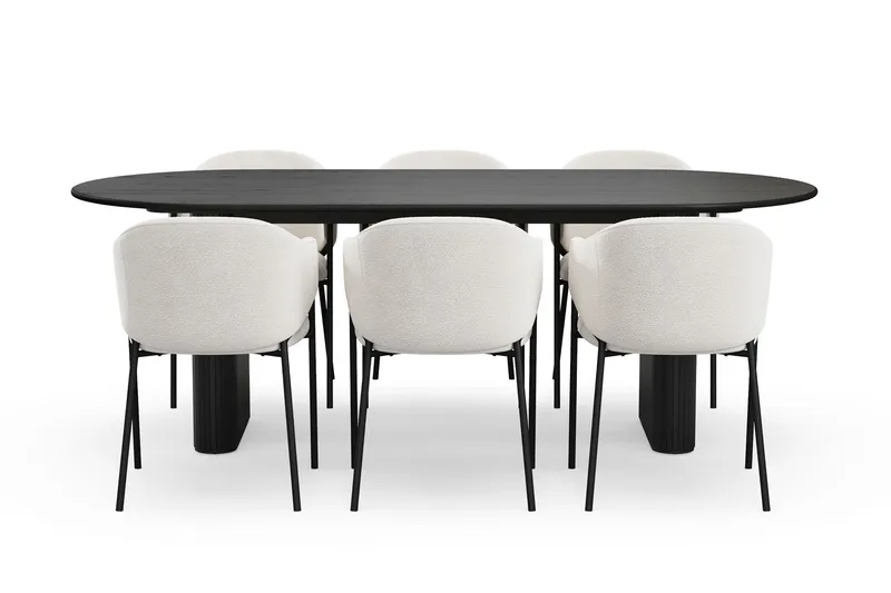 Noira Ovalt Matbord 220 cm med 6 Filip Matstolar - Svart / Vit Bouclé - Products - Möbler - Bord & matgrupp - Matgrupp