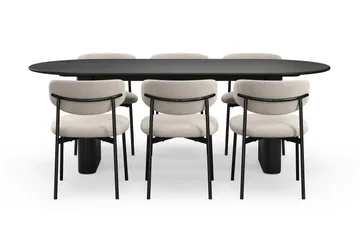 Noira Ovalt Matbord 220 cm med 6 Lucy Matstolar - Svart / Greige Bouclé / Metallben Svart - Products - Möbler - Bord & matgrupp - Matgrupp