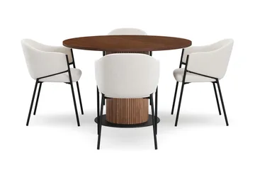 Noira Runt Litet Matbord Massiv Valnöt 120 cm med 4 Filip Matstolar - Brun / Vit Bouclé - Products - Möbler - Bord & matgrupp - Matgrupp