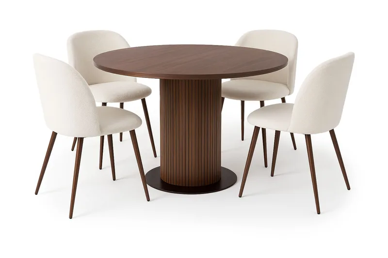 Noira Runt Litet Matbord Massiv Valnöt 120 cm med 4 Greya Matstolar med armst öd, Brun / Vit Bouclé / Metallben Valnöt