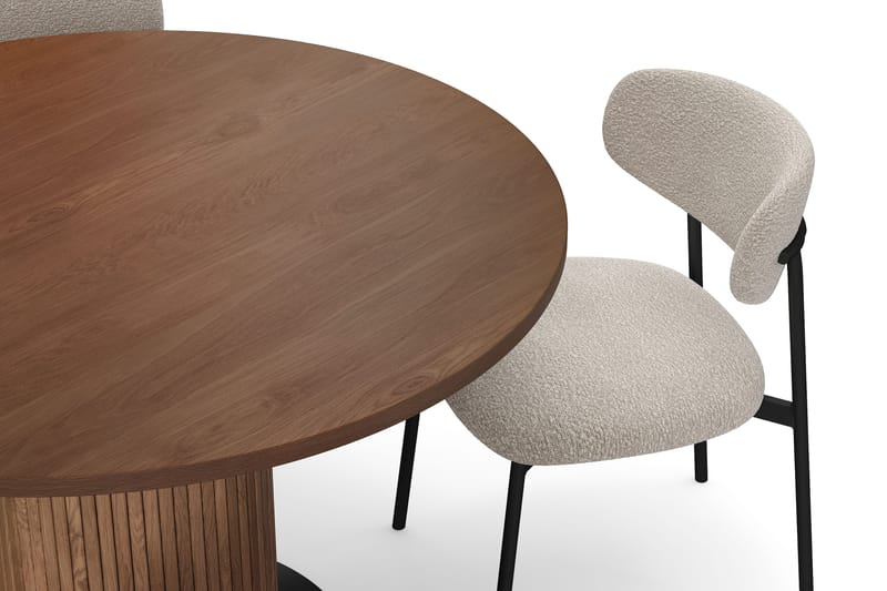 Noira Runt Litet Matbord Massiv Valnöt 120 cm med 4 Lucy Matstolar - Brun / Greige Bouclé / Metallben Svart - Products - Möbler - Bord & matgrupp - Matgrupp