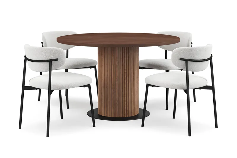 Noira Runt Litet Matbord Massiv Valnöt 120 cm med 4 Lucy Matstolar, Brun / Vit Bouclé / Metallben Svart