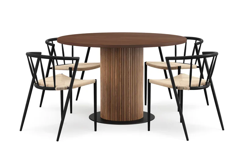 Noira Runt Litet Matbord Massiv Valnöt 120 cm med 4 Winston Matstolar, Brun / Beige / Metallben Svart