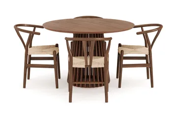 Peyra Matgrupp 120 cm Rund med 4 Dastoori Matstolar - Valnöt / Brun / Beige - Products - Möbler - Bord & matgrupp - Matgrupp