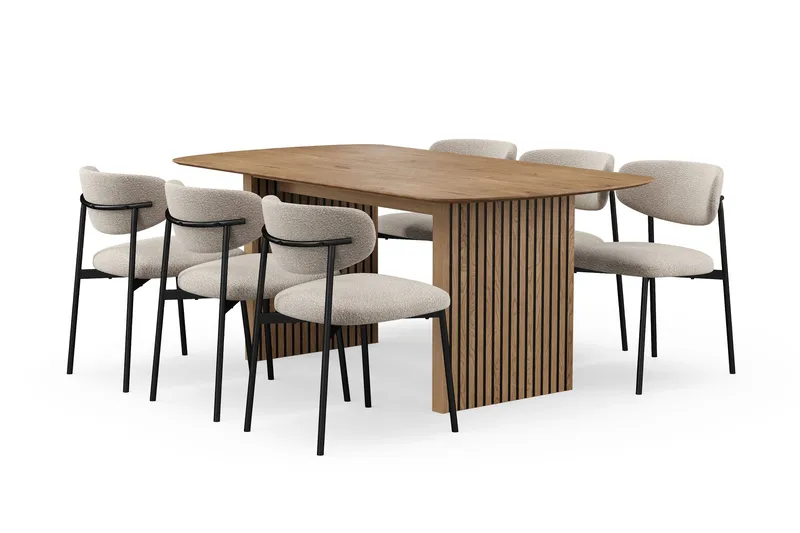 Richeto Matbord 180 cm med 6 Lucy Matstolar, Naturlig finish / Greige Bouclé / Metallben Svart