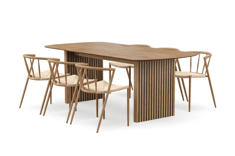 Richeto Matbord 210 cm med 6 Winston Matstolar, Naturlig finish / Beige / Metallben Ek