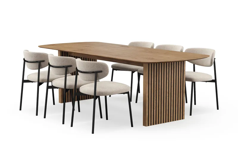 Richeto Matbord 240 cm med 6 Lucy Matstolar, Naturlig finish / Greige Bouclé / Metallben Svart