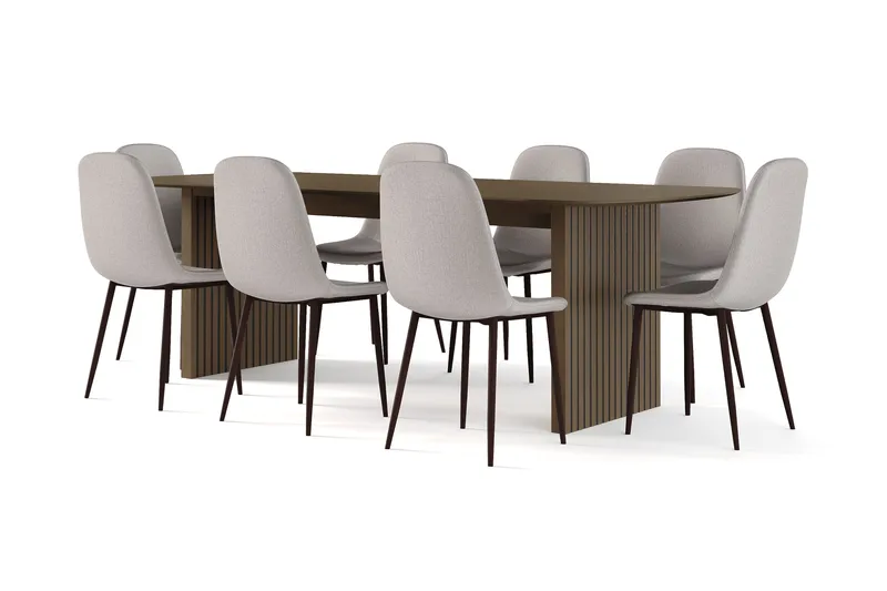 Richeto Matbord Rökt Ek 240 cm valnöt +  8 st Nibe stol grå med valnöt ben, Brun/Grå