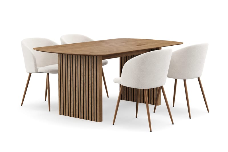 Richeto Matgrupp med 4 Greya Matstolar med Armstöd - Naturlig Finish/Vit Bouclé - Products - Möbler - Bord & matgrupp - Matgrupp