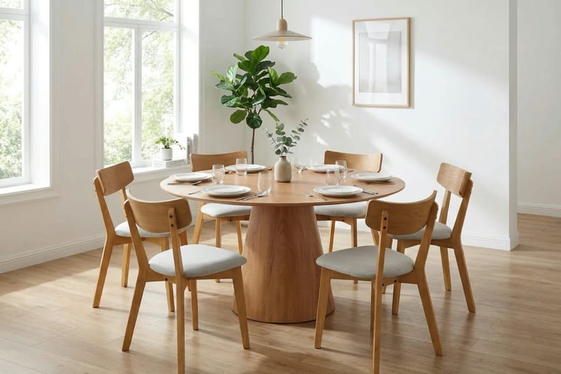 Siena Matgrupp 150 cm runt i Ek med 6 Amelia Matstolar med Dyna - Ek - Products - Möbler - Bord & matgrupp - Matgrupp