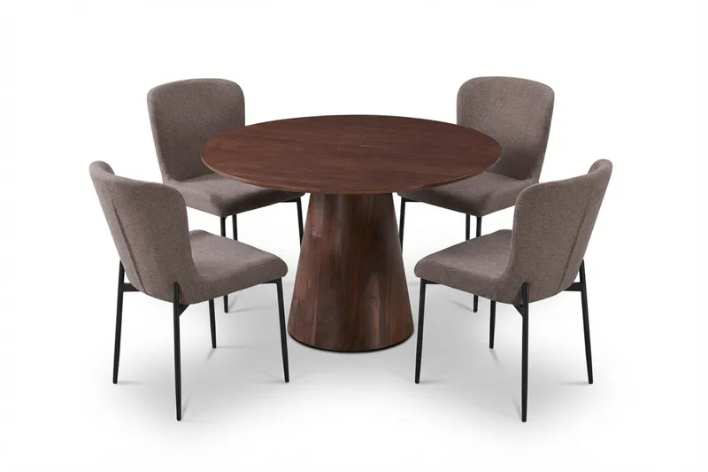 Siena Matgrupp runt 110 cm Valn öt med 4 Elsie Matstolar, Valnöt/Grå