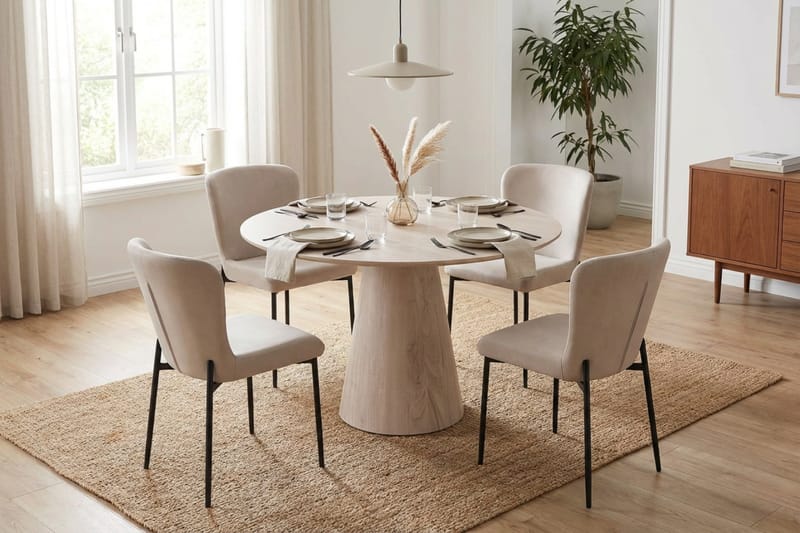 Siena Matgrupp runt 110 cm Vitlaserad med 4 Elsie Matstolar - Vitlaserad/Beige - Products - Möbler - Bord & matgrupp - Matgrupp
