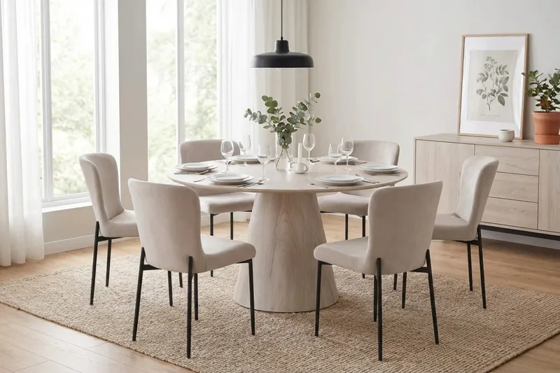 Siena Matgrupp runt 150 cm Vitlaserad med 6 Elsie Matstolar - Vitlaserad/Beige - Products - Möbler - Bord & matgrupp - Matgrupp