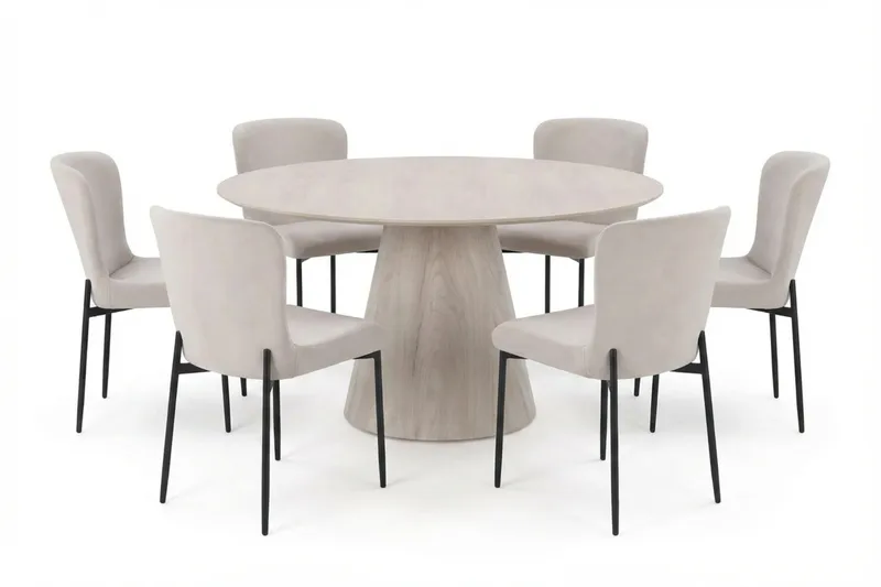 Siena Matgrupp runt 150 cm Vitlaserad med 6 Elsie Matstolar - Vitlaserad/Beige - Products - Möbler - Bord & matgrupp - Matgrupp