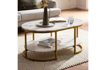 Soffbord Wohnling marmorutseende ovalt 100 cm med förvaringshylla, Bauhaus-stil Marmor Vit - Marmor Vit - Products - Möbler - Bord & matgrupp - Soffbord