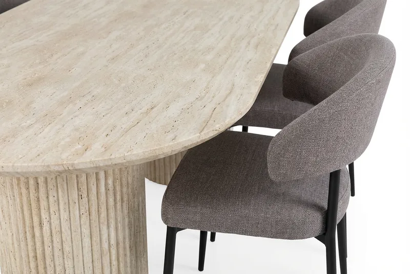 Uppveda Ovalt Matbord 180x90 cm med 4 Sawako Greige Stolar - Travertin/Greige - Products - Möbler - Bord & matgrupp - Matgrupp