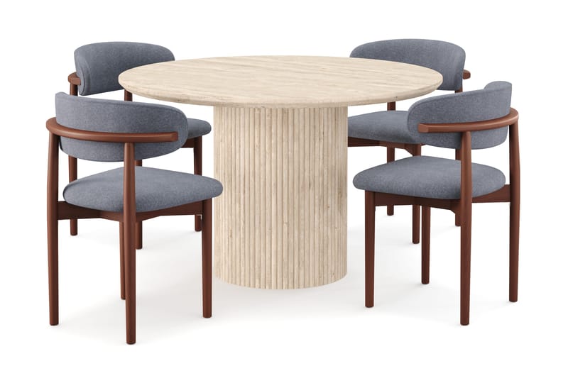Uppveda Runt Matbord 120cm Travetin utseende med 4 st Jaiveer Matstolar, Beige
