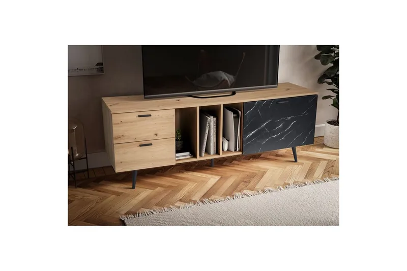 Lowboard Wohnling modernt spånskiva, 2 lådor, 1 dörr, förvaringsbrickor, metallben, modern stil Ek, Marmor, Svart - Ek, Marmor, Svart - Products - Möbler - TV- & Mediamöbler - TV bänk & mediabänk