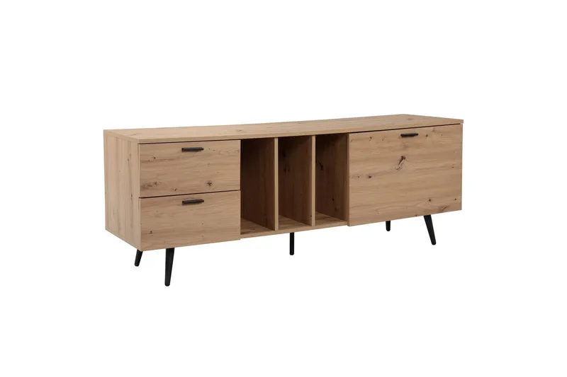 Lowboard Wohnling modernt spånskiva, 2 lådor, 1 dörr, förvaringsbrickor, metallben, modern stil Svart, Ek, Svart, Ek