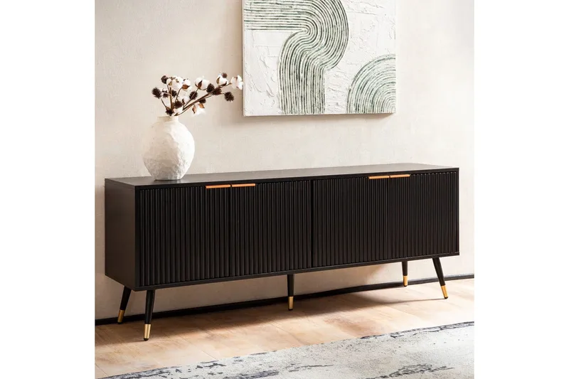 Lowboard Wohnling Spånskiva Svart Folierad med 2 Dörrar Modern Ek med Metallben - Products - Möbler - TV- & Mediamöbler - TV bänk & mediabänk