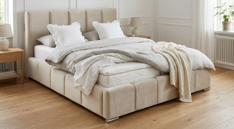 Cleaton Bubblig Sängram 180x200 cm med Förvaring HVILA Skummadrass och Bäddmadrass i Polysterskum Vändbar Sommar & Vintersida och Tvättbar klädsel - Beige/Vit - Products - Möbler - Säng - Komplett sängpaket