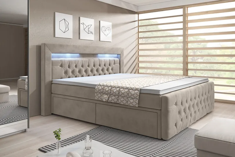 Franco Komplett Sängpaket med förvaring LED-belysning 180x200 cm - Beige / Sammet - Products - Möbler - Säng - Säng med förvaring