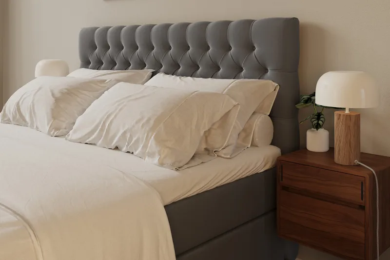 Hilton Lyx Komplett Sängpaket 180x200 cm Kontinentalsäng med knappad sänggavel i sammet - Ljusgrå - Products - Möbler - Säng - Kontinentalsäng