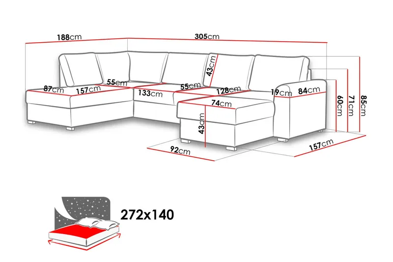 Wilma 5-sits Bäddsoffa - Grå - Products - Möbler - Soffa - Bäddsoffa - Bäddsoffa divan