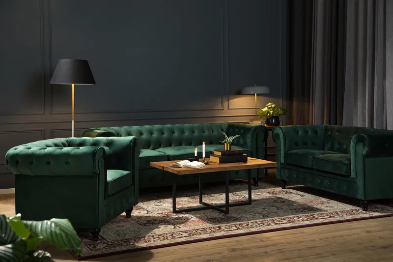 Chesterfield Lyx Soffgrupp 3+2+1 i Sammet - Grön - Products - Möbler - Soffa - Soffgrupp - Chesterfield soffgrupp