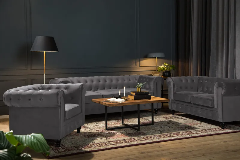 Chesterfield Lyx Soffgrupp 3+2 i Sammet - Mörkgrå / Grå - Products - Möbler - Soffa - Soffgrupp - Chesterfield soffgrupp
