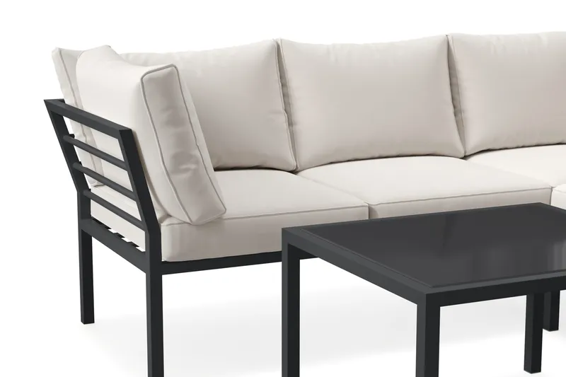 Ariany l-formad 5 sits hörnsoffa utomhus med vita dynor rektangulärt bord i alumunium - Svart - Products - Utemöbler & utemiljö - Loungemöbler - Loungeset & loungegrupp