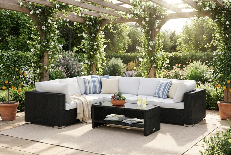 Bahamas L-formad utesoffa höger, 6-sits med bord och hylla - Svart - Products - Utemöbler & utemiljö - Loungemöbler - Loungeset & loungegrupp