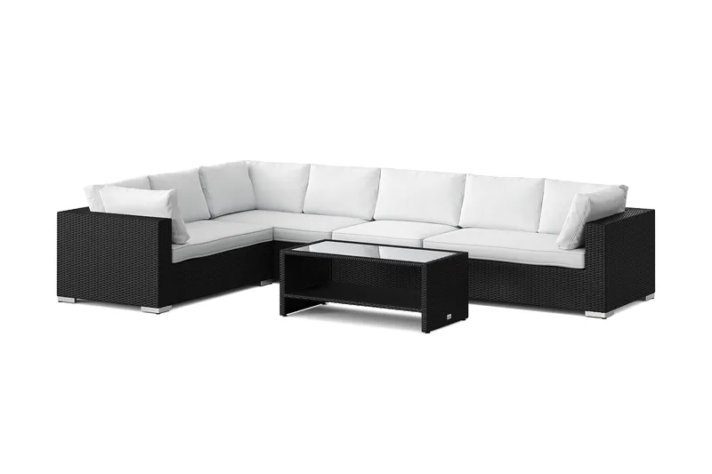 Bahamas L-formad utesoffa höger, 7-sits med bord och hylla, Svart